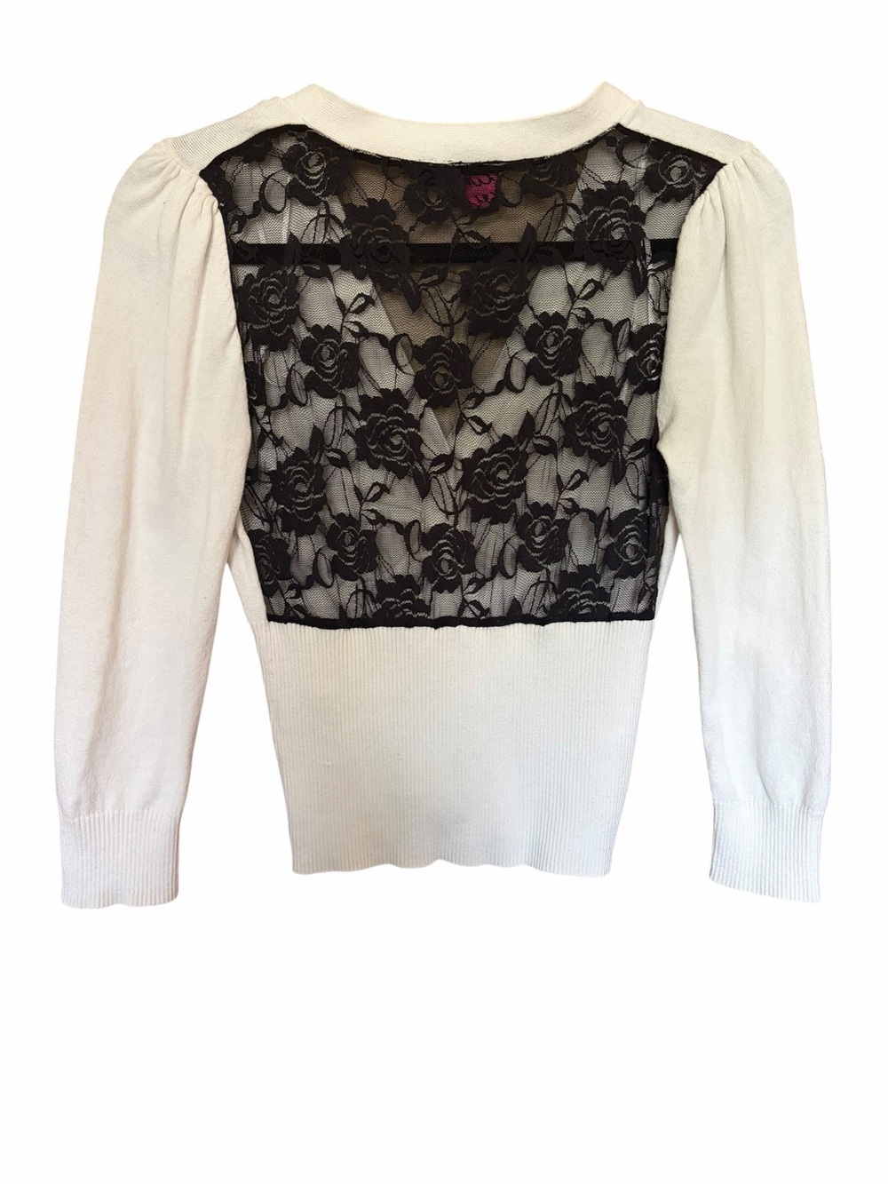 Cream V-Neck Crop Sweater with Black Floral Lace Back